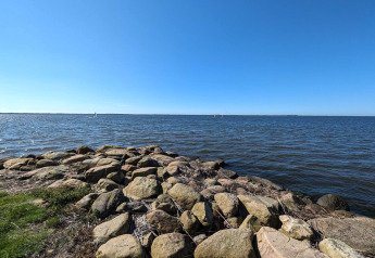 Udsigt over en rolig sø med stenfyldt bred og klar blå himmel ved Secluded Harbor Cottage i Danmark.