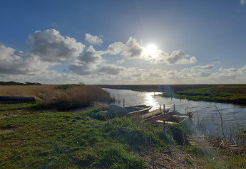 Solrig udsigt over en flod med både ved anløbsbroen, omgivet af grøn natur ved en lodge.