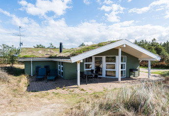Billede af 6-personers feriehus i Blåvand, Danmark, omgivet af natur med græstag og terrasse.