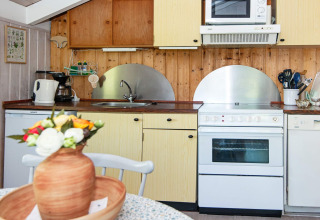 Gemütliche Küche im Secluded Harbor Cottage in Dänemark mit Holzverkleidung, Herd und Mikrowelle.