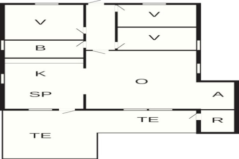 Plattegrond van Secluded Harbor Cottage in Denemarken met slaapkamers, keuken, bad en terrassen.