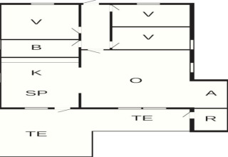 Plattegrond van Secluded Harbor Cottage in Denemarken met slaapkamers, keuken, bad en terrassen.