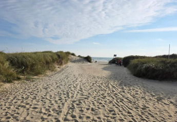 Sentier sablonneux à travers les dunes vers la plage près de la maison de vacances à Blåvand, Danemark.