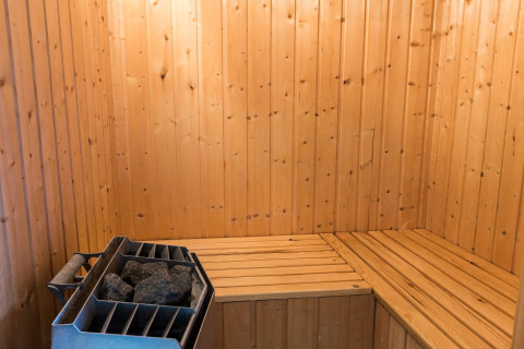 Tradizionale sauna in legno con pietre riscaldate in una casa vacanze per 6 persone a Blåvand, Danimarca.