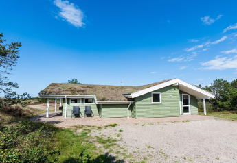 Maison de vacances verte pour 6 personnes à Blåvand, au toit végétal, sous un ciel bleu ensoleillé.