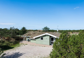 Lichtgroen vakantiehuis in Blåvand, Denemarken, omgeven door natuur onder een heldere blauwe lucht.