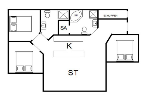 Grundriss eines 6-Personen-Ferienhauses in Blåvand, Dänemark, mit drei Schlafzimmern und Sauna.