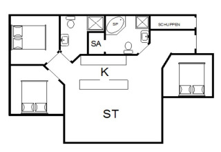Planimetria di una casa vacanze per 6 persone a Blåvand, Danimarca, con tre camere e sauna.