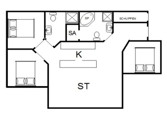 Planimetria di una casa vacanze per 6 persone a Blåvand, Danimarca, con tre camere e sauna.