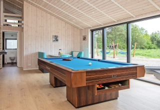 Poolbord i en moderne opholdsstue med store vinduer, udsigt til grønne omgivelser ved feriehus i Sæby.