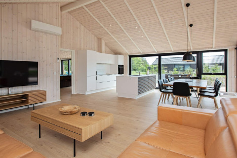 Moderne vakantiewoning in Sæby, Denemarken, met open woonkamer, keuken, eetruimte en grote ramen.