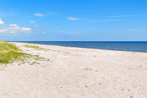 Solbeskinnet udsigt over en stille strand og roligt hav nær Sæby, Danmark, set fra ferieboligen.