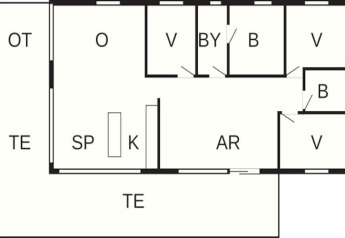 Plan d'une maison de vacances pour 10 personnes à Sæby, Danemark, avec pièces, cuisine et terrasse.