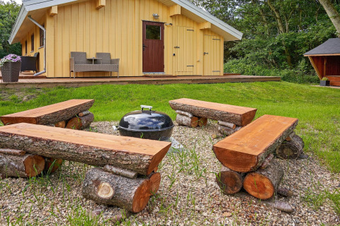 Udendørs siddeområde ved Cozy Coastal Cottage Retreat i Danmark med rustikke træbænke og grill.