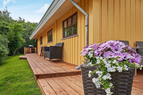 Træterrasse ved Cozy Coastal Cottage Retreat i Danmark med blomsterkrukke, kurvestole og grøn have