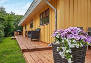 Træterrasse ved Cozy Coastal Cottage Retreat i Danmark med blomsterkrukke, kurvestole og grøn have