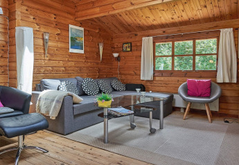 Gemütliches Wohnzimmer mit Holzwänden, großen Fenstern und moderner Einrichtung in Dänemark.