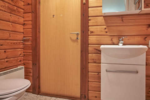 Bagno con pareti in legno, toilette e lavandino bianchi al Cozy Coastal Cottage Retreat in Danimarca.