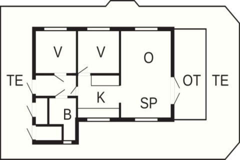Plattegrond van Cozy Coastal Cottage Retreat met slaapkamers, keuken, badkamer en terrassen in Denemarken.