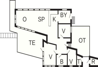 Plantegning af et feriehus i Bryrup, Danmark, der viser rummenes opdeling og indretning for 6 personer.