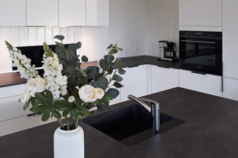 Modern kitchen in a Sydals holiday home, Denmark, featuring black countertop, sink, and flowers.