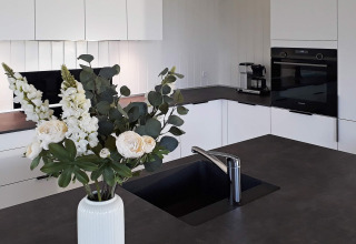 Modern kitchen in a Sydals holiday home, Denmark, featuring black countertop, sink, and flowers.