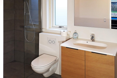 Modern bathroom in a holiday home in Sydals, Denmark, featuring toilet, shower, sink, and mirror.