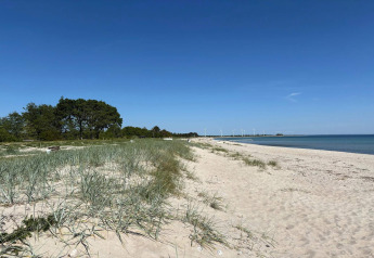 Zandstrand met duinen en zeezicht bij 8 person holiday home in Sydals, Denemarken, op een zonnige dag.