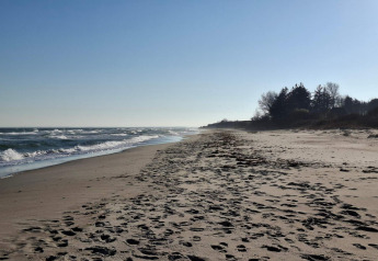 Weitläufiger Sandstrand mit Fußspuren nahe dem 8-Personen-Ferienhaus in Sydals, Dänemark am Meer.