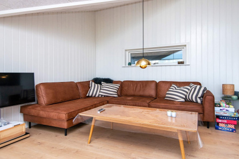 Woonkamer in vakantiehuis in Sydals, Denemarken, met bruine sofa, salontafel en gezelschapsspellen.