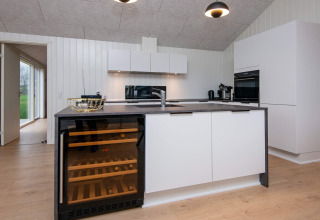 Cocina moderna en casa de vacaciones en Sydals, Dinamarca, con nevera para vinos y horno empotrado.