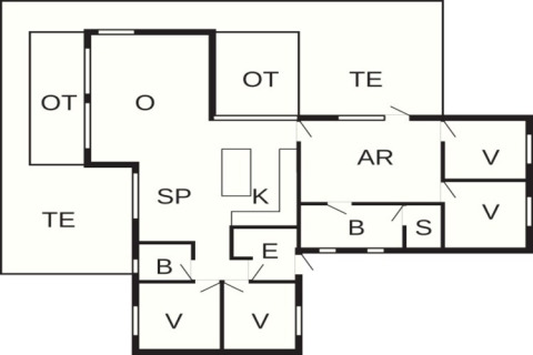 Grondplan van een vakantiehuis voor 8 personen in Sydals, Denemarken, met kamers en terrassen benoemd.