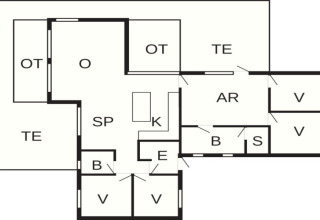 Grondplan van een vakantiehuis voor 8 personen in Sydals, Denemarken, met kamers en terrassen benoemd.