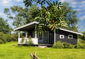 Jolie maison de vacances noire avec terrasse, dans la verdure, pour 6 personnes à Glesborg, Danemark.
