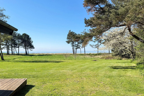 Zicht vanop 4-persoons vakantiewoning in Knebel, Denemarken, met grasveld, bomen en zee op de achtergrond