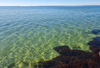 Vue sur l’eau claire devant une maison de vacances pour 4 personnes à Knebel, Danemark, soleil brillant.
