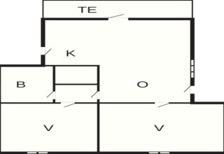 Plan d'une maison de vacances pour 4 personnes à Knebel, Danemark, avec séjour, cuisine et chambres.