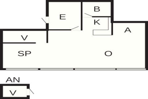 Plattegrond van een vakantiehuis voor 6 personen in Ebeltoft, Denemarken, met aparte kamers en bijgebouw.