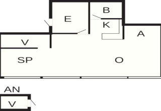 Plan d'une maison de vacances pour 6 personnes à Ebeltoft, Danemark, avec chambres et annexe séparée.