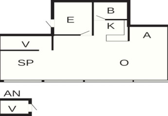 Planimetria di una casa vacanze per 6 persone a Ebeltoft, Danimarca, con camere e dependance.