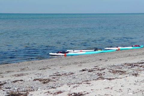 Twee paddleboards liggen op het kiezelstrand aan zee bij een lodge, onder een zonnige blauwe lucht.