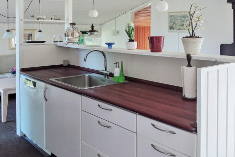 Modern kitchen at 6 person holiday home in Glesborg, Denmark, wooden counter, sink, and potted plants.