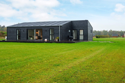 Modern 8-persoons vakantiehuis in Ansager met donkere gevel, grote ramen en uitgestrekt grasveld.