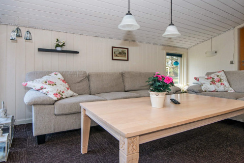 Cozy living room in a holiday home with grey sofas, floral pillows, flowers on table in Glesborg, Denmark.