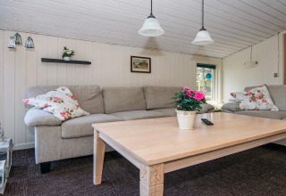 Cozy living room in a holiday home with grey sofas, floral pillows, flowers on table in Glesborg, Denmark.