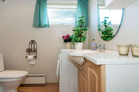 Bathroom in holiday home in Glesborg, Denmark, featuring toilet, sink, green curtains, and potted plants.