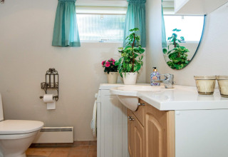 Bathroom in holiday home in Glesborg, Denmark, featuring toilet, sink, green curtains, and potted plants.