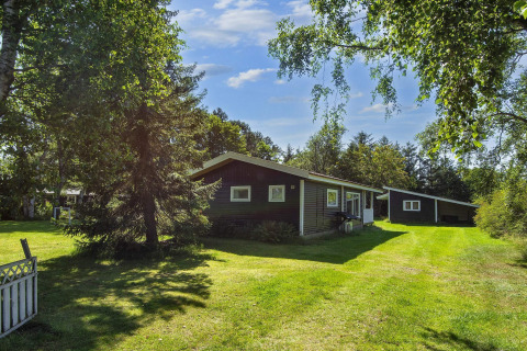 6 person holiday home in Glesborg, Denmark, surrounded by lush greenery and sunlit grassy lawn.