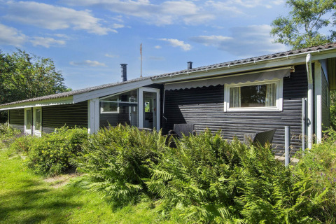 Black wooden holiday lodge in Glesborg, Denmark, surrounded by green plants and clear blue sky.