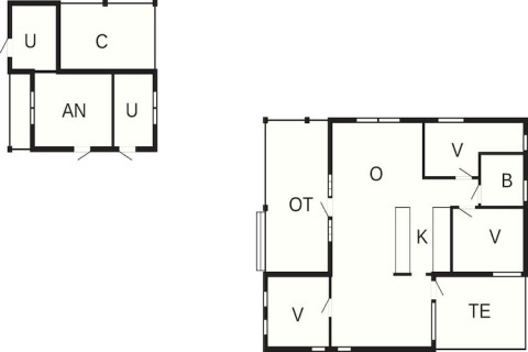 Floor plan of a 6 person holiday home in Glesborg, Denmark, showing rooms, bedrooms, kitchen, and living area.